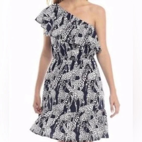 Crown & Ivy 1 Shoulder Asymetrical Ruffled Neckline Smocked Animal Print Dress M - Picture 2 of 9